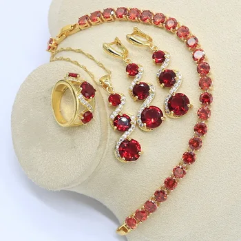 Classic Red Stones Gold Color Jewelry Set for Women with Bracelet Long Earrings Necklace Pendant Ring Birthday Gift 
Classic Red Stones Gold Color Jewelry Set for Women with Bracelet Long Earrings Necklace Pendant Ring Birthday Gift