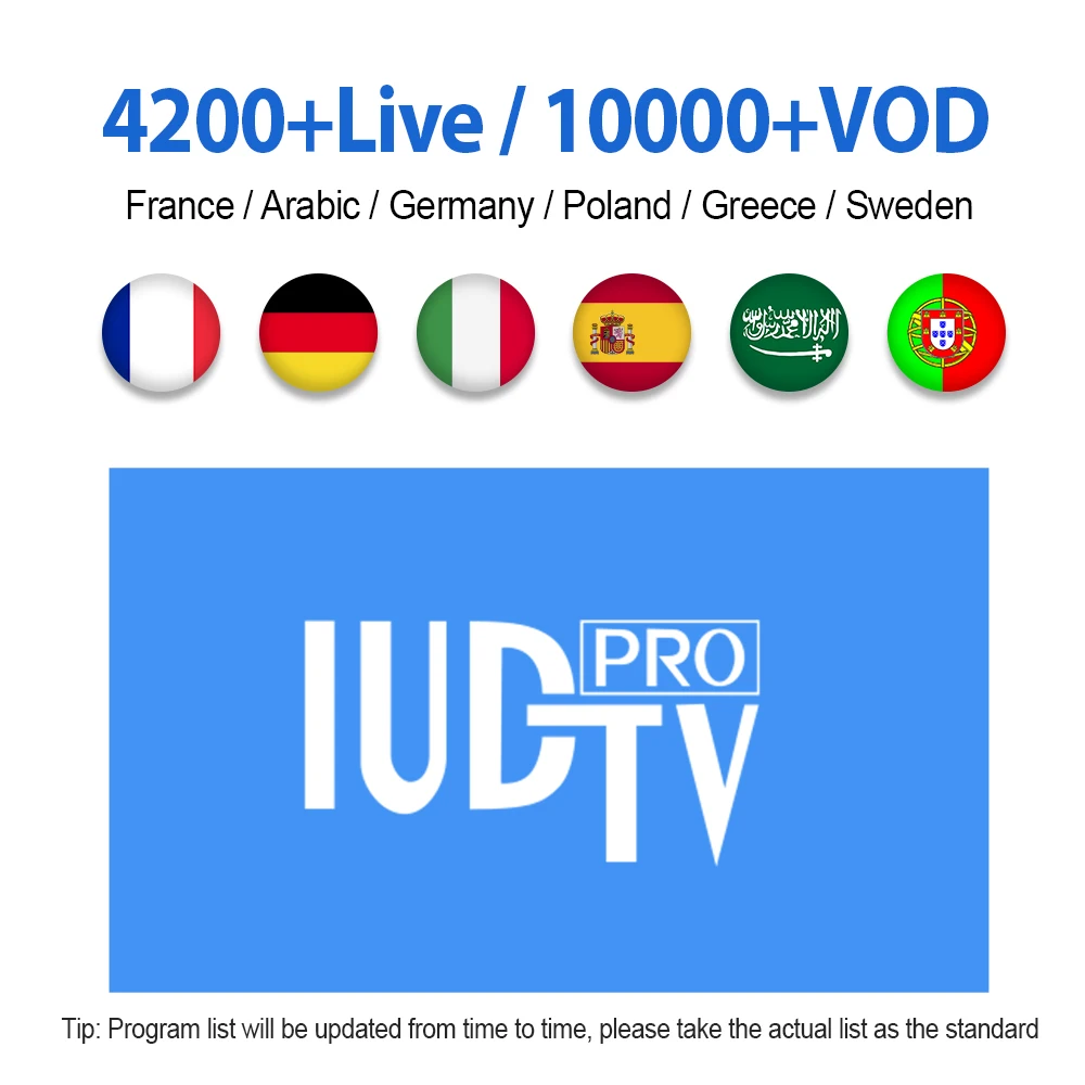 10pcs IUDTV PRO IPTV Italia Spanish Swedish Subscription Code Greek IP TV Portugal Germany France Spain Italy M3U Android IP TV
10pcs IUDTV PRO IPTV Italia Spanish Swedish Subscription Code Greek IP TV Portugal Germany France Spain Italy M3U Android IP TV