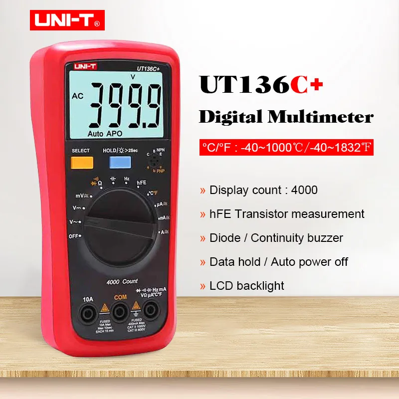 UNI-T UT136C+ Digital Multimeter AC DC volt current meter;Ohm Capacitance Diode/transistor Temperature tester with LCD backlight
UNI-T UT136C+ Digital Multimeter AC DC volt current meter;Ohm Capacitance Diode/transistor Temperature tester with LCD backlight