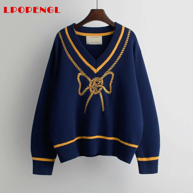 New Bow print women Sweater Vintage V-neck Long Sleeve Knitted Pullovers Autumn Winter Lazy Style blue Loose Sweater Tops 
New Bow print women Sweater Vintage V-neck Long Sleeve Knitted Pullovers Autumn Winter Lazy Style blue Loose Sweater Tops
