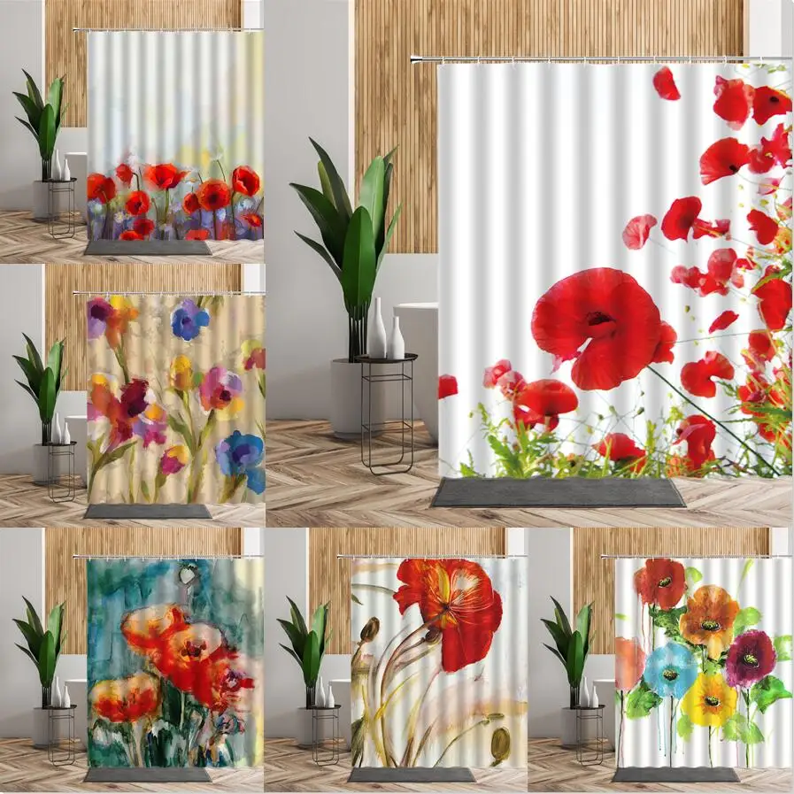 

Colored Floral Shower Curtain Set Red Blue Yellow Flowers Bathroom Bath Decor 3D Waterproof Backdrop Fabric Living Room Curtains