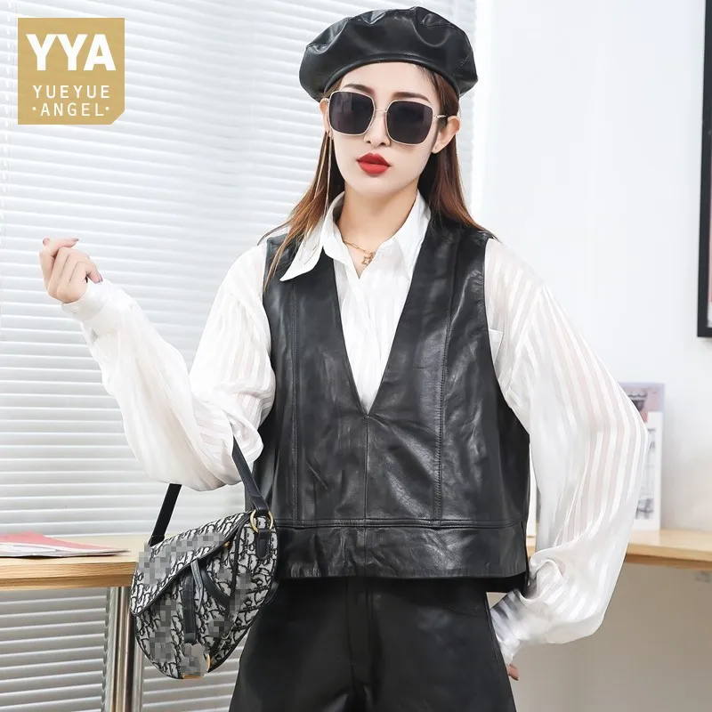 Women Casual Loose Fit V Neck Vest Tops Sleeveless Pullover High Quality Sheepskin Genuine Leather Waistcoat Ladies Autumn Vests
Women Casual Loose Fit V Neck Vest Tops Sleeveless Pullover High Quality Sheepskin Genuine Leather Waistcoat Ladies Autumn Vests
