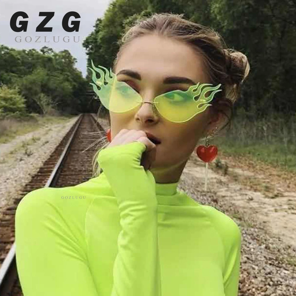 Фото 2020 New Fire Flame Sunglasses Women Men Rimless Sun Glasses Wave Metal Hip Hop Narrow Party Eyewear Streetwear | Аксессуары для