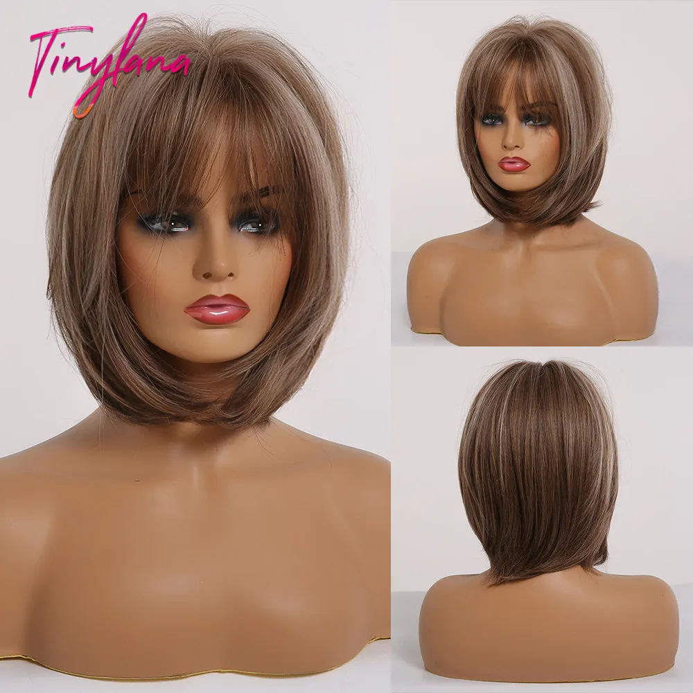 

TINY LANA Short Bobo Style Straight Hair Synthetic Wigs Brown with Grey Highlight Mixed Color Natural For Women Daily Use&Cos