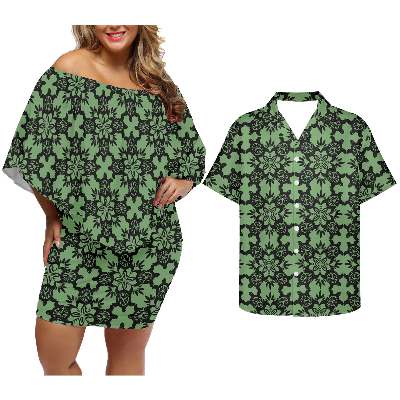 

HYCOOL Puletasi Green Dress Women Polynesian Tribal Couples Matching Shirt Dresses Elegant Casual Off Shoulder Office Wear Women