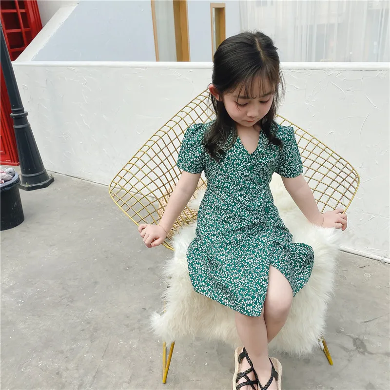 

2020 Summer New Baby Girls Short Sleeve V-neck Princess Dresses Toddler Children Sweet Green Fashion Dress Little Kids Clothes