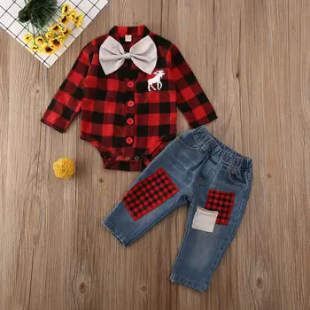 Infant Baby Boy Xmas Plaid Tops Long Sleeve V Neck Romper Denim Jeans Long Pants Trousers Bowtie Fashion Outfit Clothes Autumn
Infant Baby Boy Xmas Plaid Tops Long Sleeve V Neck Romper Denim Jeans Long Pants Trousers Bowtie Fashion Outfit Clothes Autumn