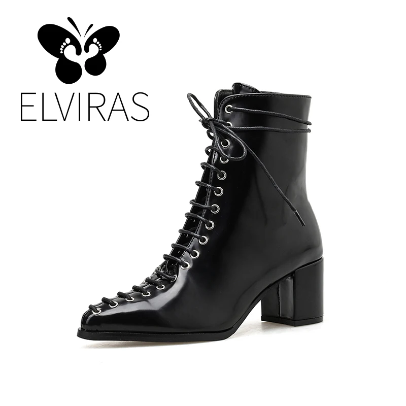 ELVIRAS New Autumn winter Women Shoes Black Patent leather Heels Boots Lacing Square Ankle Boots Chunky Heels Motorcycle Boots
ELVIRAS New Autumn winter Women Shoes Black Patent leather Heels Boots Lacing Square Ankle Boots Chunky Heels Motorcycle Boots