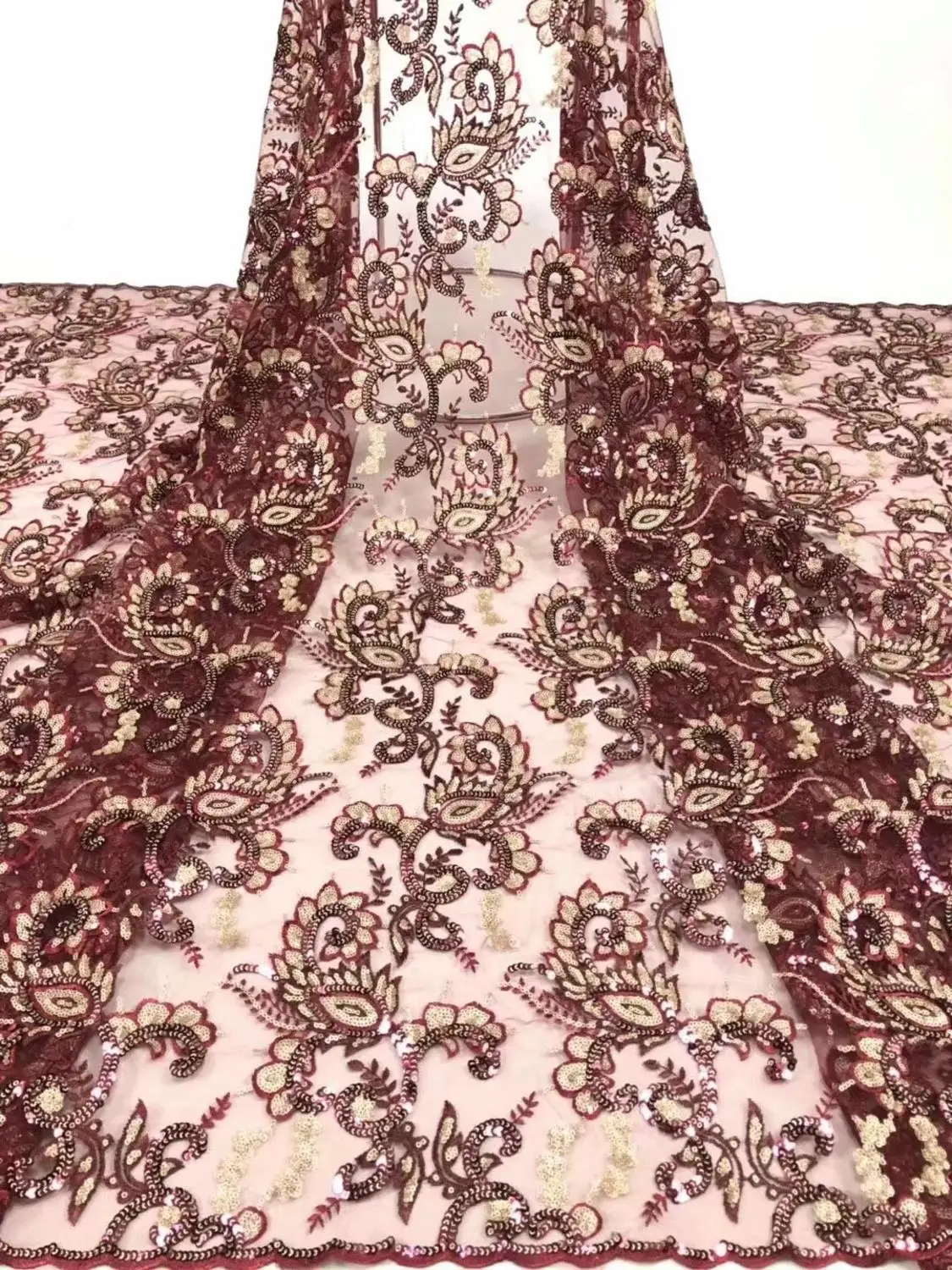 French lace fabric 5yds/pce wine&gold sequins embroidery mesh fabrics women gorgeous luxury lagos party asoebi bella swiss dress 
French lace fabric 5yds/pce wine&gold sequins embroidery mesh fabrics women gorgeous luxury lagos party asoebi bella swiss dress
