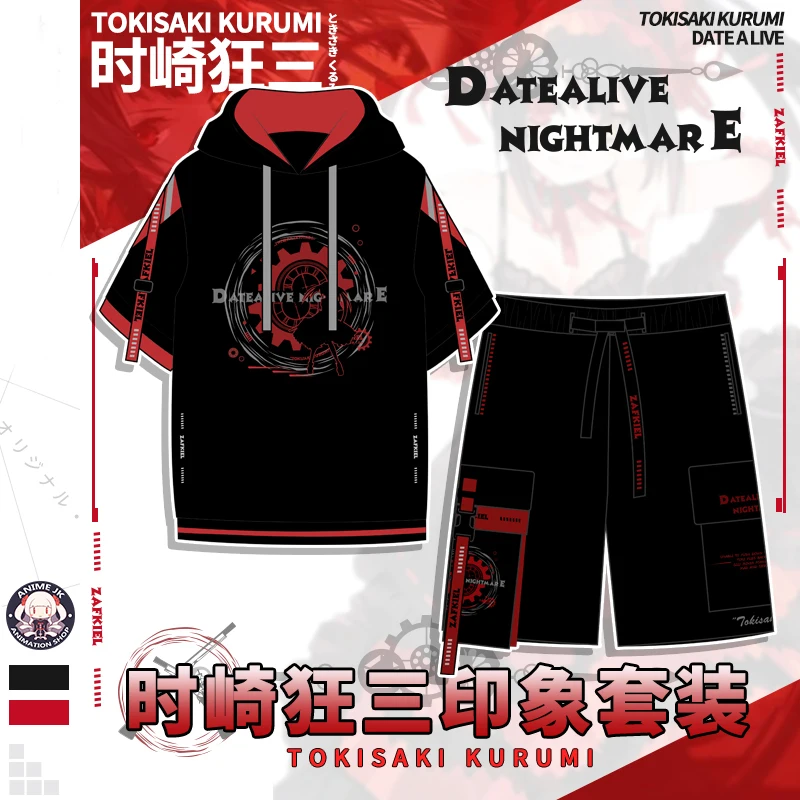 

Anime DATE A LIVE Tokisaki Kurumi Theme Cosplay Fashion Casual Hooded T-shirt Men Women Summer Short Sleeve Tee Tops Shorts Set