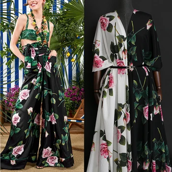 135CM Wide 16MM Pink Rose Print Stretch White Black Silk Crepe de Chine Fabric for Summer Dress Scarf Cheongsam Suit DE1260
135CM Wide 16MM Pink Rose Print Stretch White Black Silk Crepe de Chine Fabric for Summer Dress Scarf Cheongsam Suit DE1260