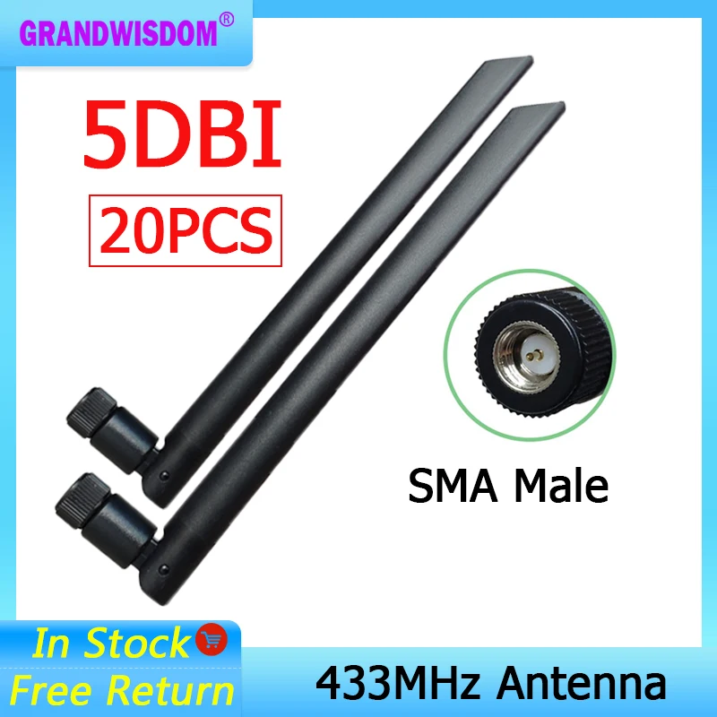 GRANDWISDOM 20pcs 433mhz antenna 5dbi sma male lora antene pbx iot module lorawan signal receiver antena high gain | Мобильные