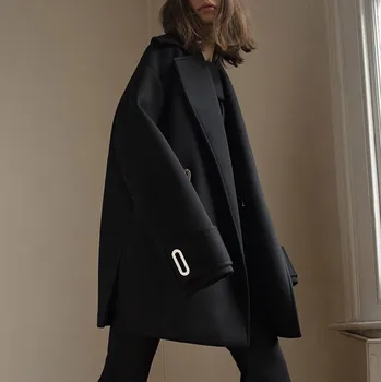 2020 European and American Lapel Metal Button Black extra long sleeve medium length Wool Women's woolen coat coat
2020 European and American Lapel Metal Button Black extra long sleeve medium length Wool Women's woolen coat coat