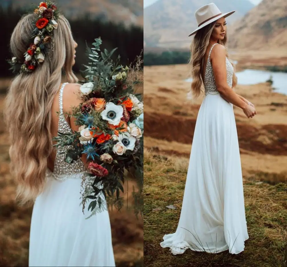 Bohemian Modest Pearls Chiffon A Line Wedding Dresses 2020 Spaghetti Strap Boho Beach Bridal Dresses Sexy Backless Wedding Gowns
Bohemian Modest Pearls Chiffon A Line Wedding Dresses 2020 Spaghetti Strap Boho Beach Bridal Dresses Sexy Backless Wedding Gowns