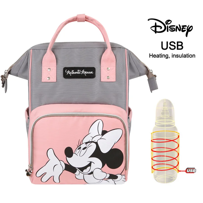 

Disney Diaper Backpack USB Bottle Insulation Bags Minnie Mickey Big Capacity Travel Feeding Baby Mummy Nappy Bag