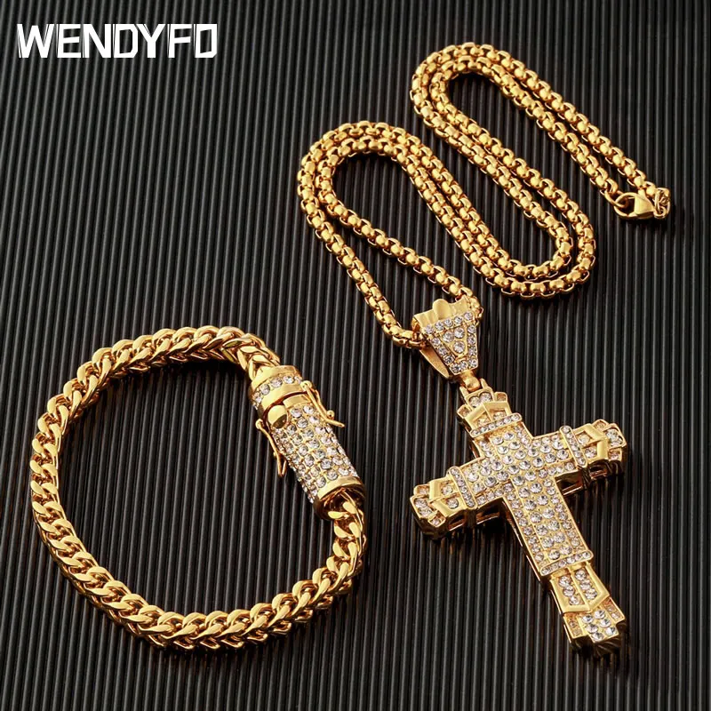 New Crystal Cross Necklace Men Gold Color Hip Hop Stainless Steel Chain Religious Necklaces Pendant Male Christian Jewelry Gift
New Crystal Cross Necklace Men Gold Color Hip Hop Stainless Steel Chain Religious Necklaces Pendant Male Christian Jewelry Gift