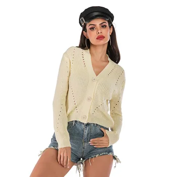 Autumn Winter Women Knitted Sweaters Short Ladies Loose V Neck hollow out Three buttons Long Sleeve Sweater Cardigan Female Tops
Autumn Winter Women Knitted Sweaters Short Ladies Loose V Neck hollow out Three buttons Long Sleeve Sweater Cardigan Female Tops