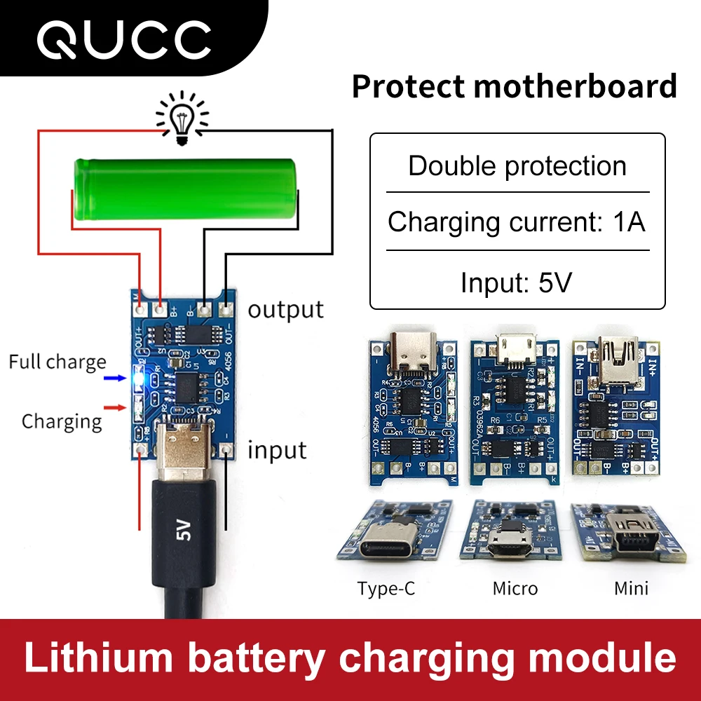 Qucc 1A 5V 3 7 V TP4056 Micro Type C Mini USB модуль зарядного устройства литиевой батареи 18650