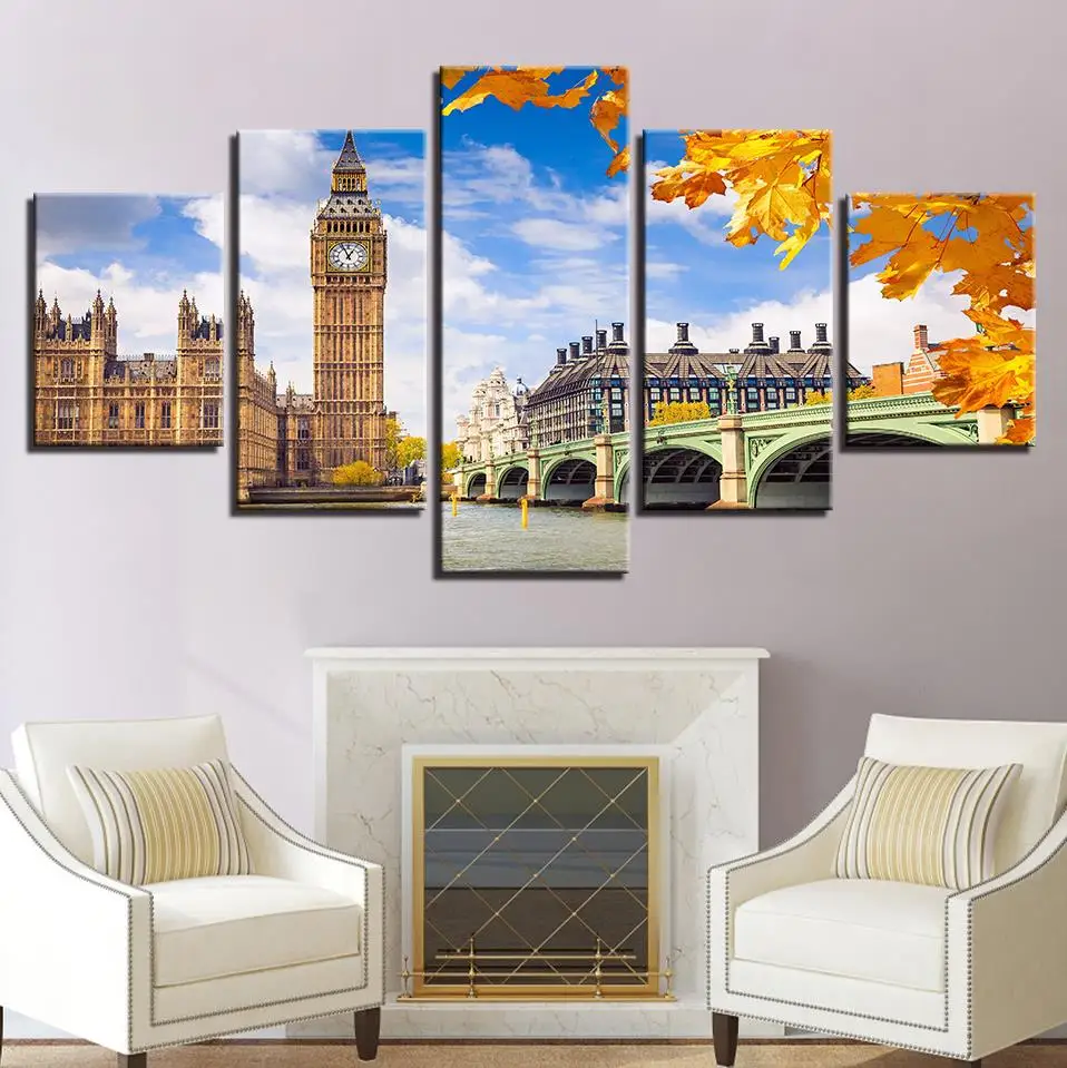 

Canvas Paintings Wall Art HD Prints Home Decor 5 Pieces Elizabeth Tower Big Ben Poster For Living Room Bridge Pictures(No Frame)