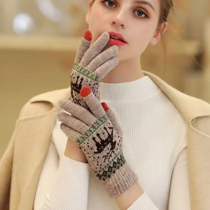 

Gloves Women Cute Deer Snowflake Knitted Gloves Autumn Winter Full Finger Gloves Touch Screen Mitts Christmas Gift Female Glove