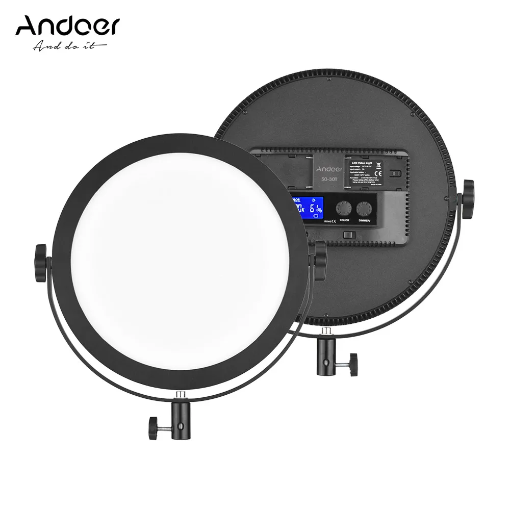 

Andoer SO-30T Ultrathin Bi-color Round LED Video Light Photography Fill Light Stepless Diammable LCD Display Screen