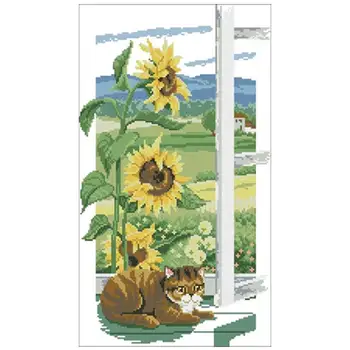 Cat under sunflower patterns Counted Cross Stitch 11CT 14CT 18CT DIY Chinese Cross Stitch Kits Embroidery Needlework Sets