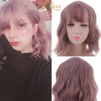 

TALANG Short Water Wave Wigs Synthetic Bob Wig Hair with Neat Bang Bulk Hair for Black Women Pink Blue Purple for Choose