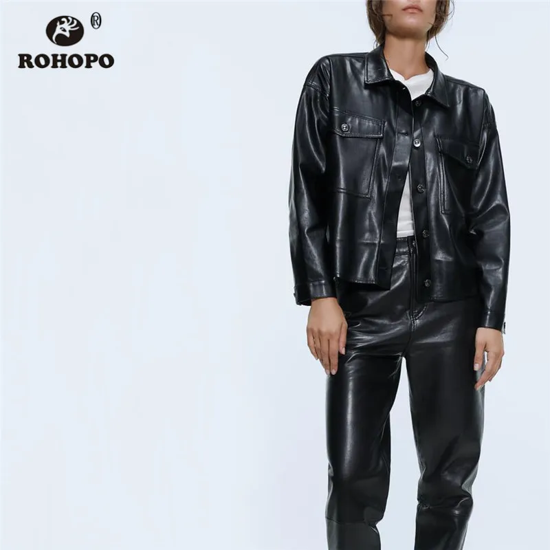 ROHOPO Faux Leather Black Jacket Chest Flaps Welted Pockets Motor Straight Buttons Fly Leather Outwear Jackets #1389 
ROHOPO Faux Leather Black Jacket Chest Flaps Welted Pockets Motor Straight Buttons Fly Leather Outwear Jackets #1389