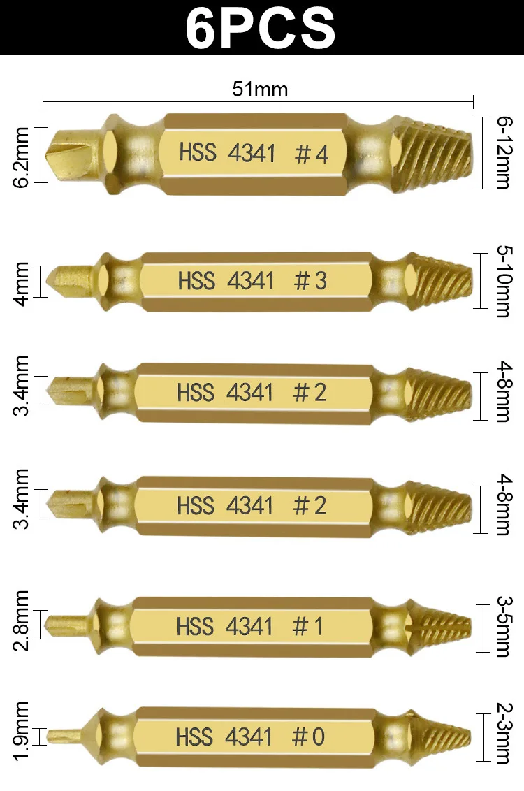 6Pcs Damaged Speed Out Drill Bits Tool Set High Strength Hardness Durable Screw Extractor Tools Parts Broken Bolt Remover
6Pcs Damaged Speed Out Drill Bits Tool Set High Strength Hardness Durable Screw Extractor Tools Parts Broken Bolt Remover