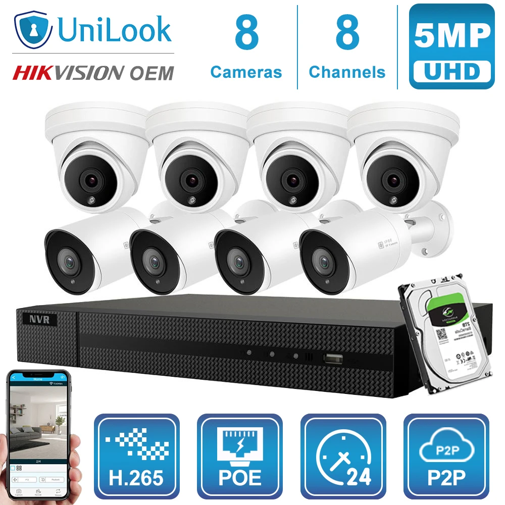 UniLook 8CH NVR 4/8Pcs 5MP Bullet Dome Mixed POE IP Camera Hikvision OEM Outdoor Security System Night Vision Onvif H.265 P2P
UniLook 8CH NVR 4/8Pcs 5MP Bullet Dome Mixed POE IP Camera Hikvision OEM Outdoor Security System Night Vision Onvif H.265 P2P