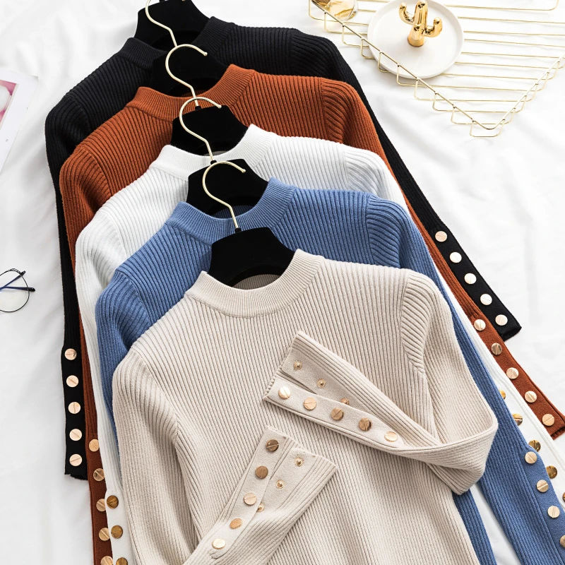 2019 Pullovers Sweater Covered Button Sleeves Sweater Female Fashion Turtleneck Sweater Women Jumper Tops Casual Autumn Winter
2019 Pullovers Sweater Covered Button Sleeves Sweater Female Fashion Turtleneck Sweater Women Jumper Tops Casual Autumn Winter