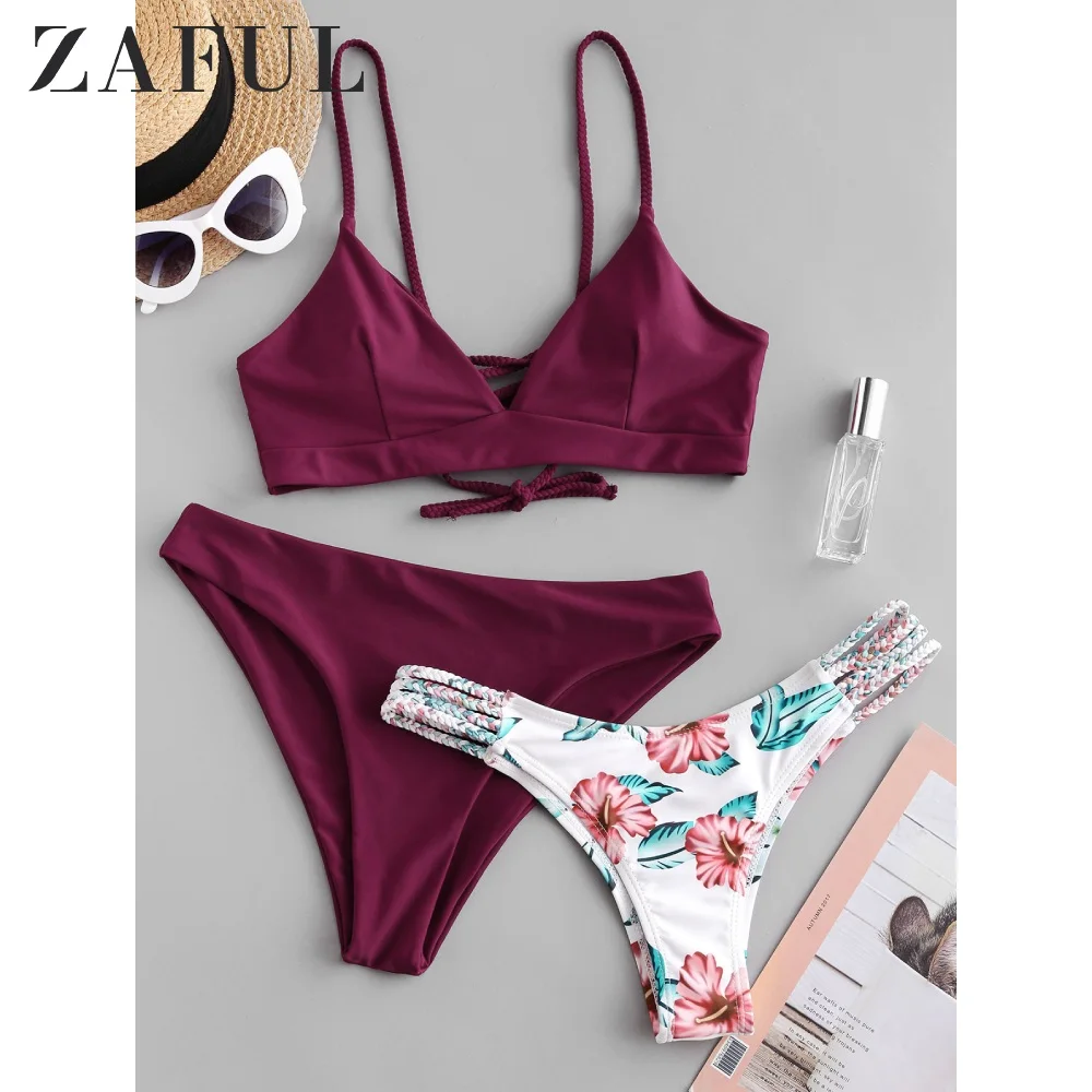 

ZAFUL Sexy Plum Pie Flower Braided Lattice Three Pieces Bikini Swimsuit For Women Wire Free Spaghetti Straps Padded Swimwear