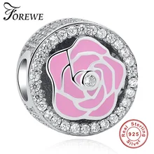 Forewe genuino 925 Plata de Ley Rosa esmalte Rosa colgante redondo astilla encanto fit mujeres encanto pulsera DIY joyería(China)