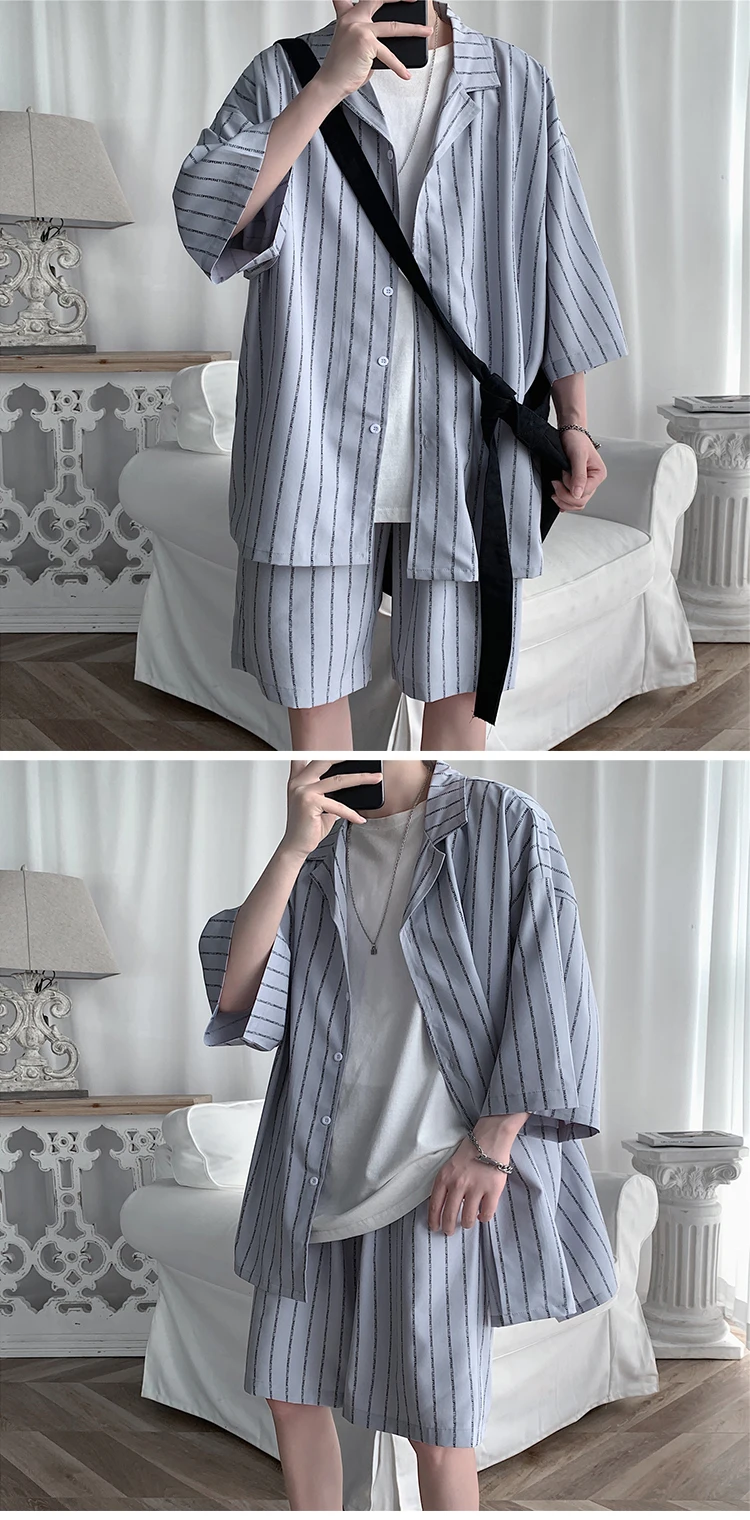 2021 Summer Men Set Shirts and Shorts Lightweight Letter Striped Half Sleeve Knee-Length Baggy Short Oversize Suit Clothing Man 2021 Summer Men Set Shirts and Shorts Lightweight Letter Striped Half Sleeve Knee-Length Baggy Short Oversize Suit Clothing Man