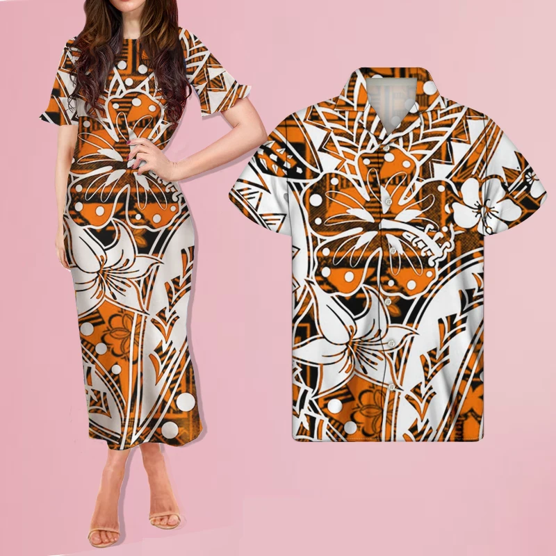

Noisydesigns Vintage Dress Women Elegant Ruffle Short Sleeve Ladies Dresses Polynesian Tribal Samoan Floral Match Men Shirt