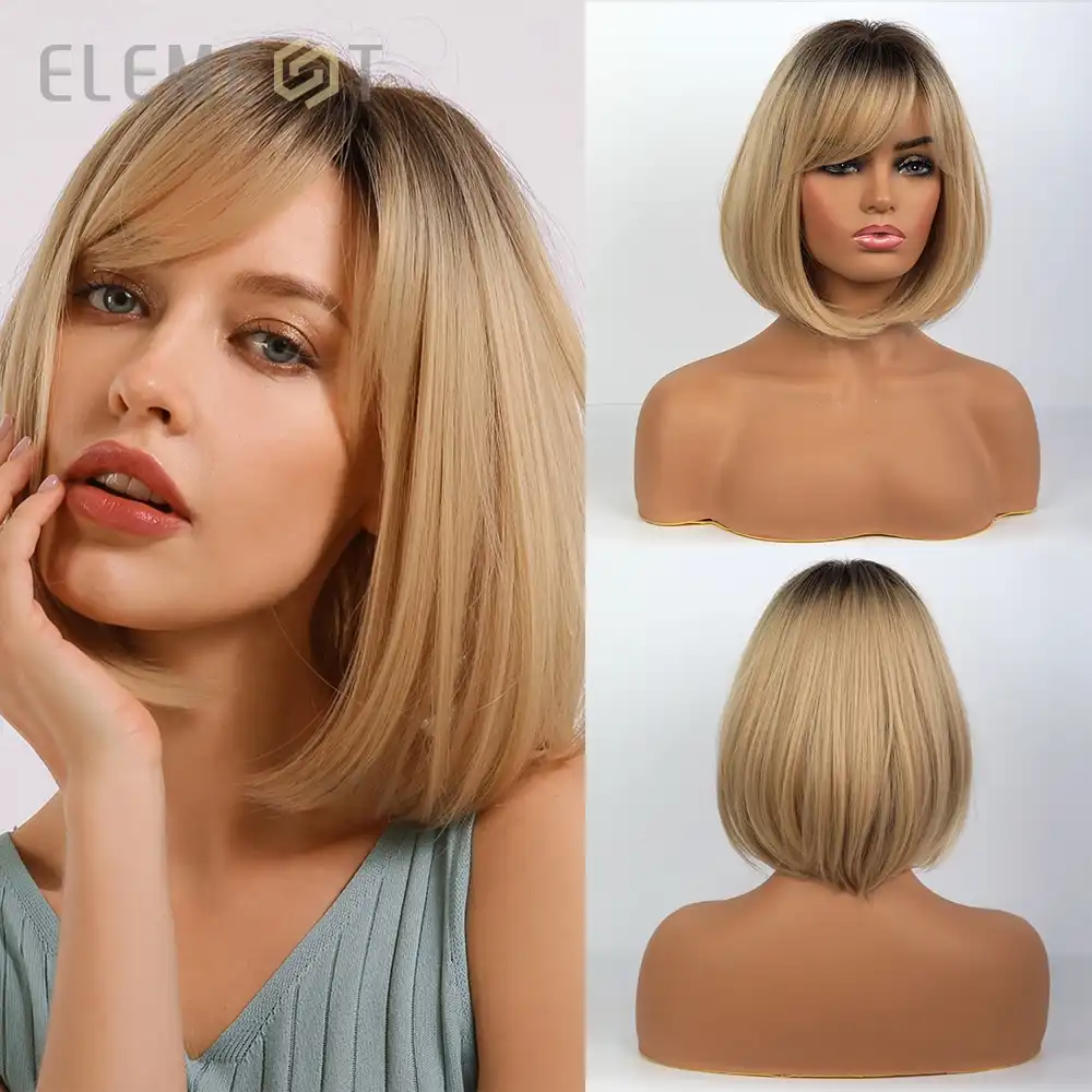 Element Termostojkie Sinteticheskie Korotkie Pryamye Pariki Bob Dlya Belyh Chernyh Zhenshin Ombre Zolotye Svetlye Pariki S Bokovoj Chelkoj Aliekspress