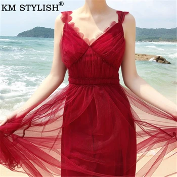 Summer Women's Party Tulle Full Dress Retro Clothes Red Sling V-neck Mesh Big Swing Bali Beach Holiday Long Dress
Summer Women's Party Tulle Full Dress Retro Clothes Red Sling V-neck Mesh Big Swing Bali Beach Holiday Long Dress