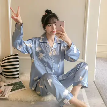 Female Autumn New 2PCS Pajamas Set Cute Cartoon Print Turn-down Collar&Pant Nightwear With Pocket Pyjama Lounge Home Clothes
Female Autumn New 2PCS Pajamas Set Cute Cartoon Print Turn-down Collar&Pant Nightwear With Pocket Pyjama Lounge Home Clothes
