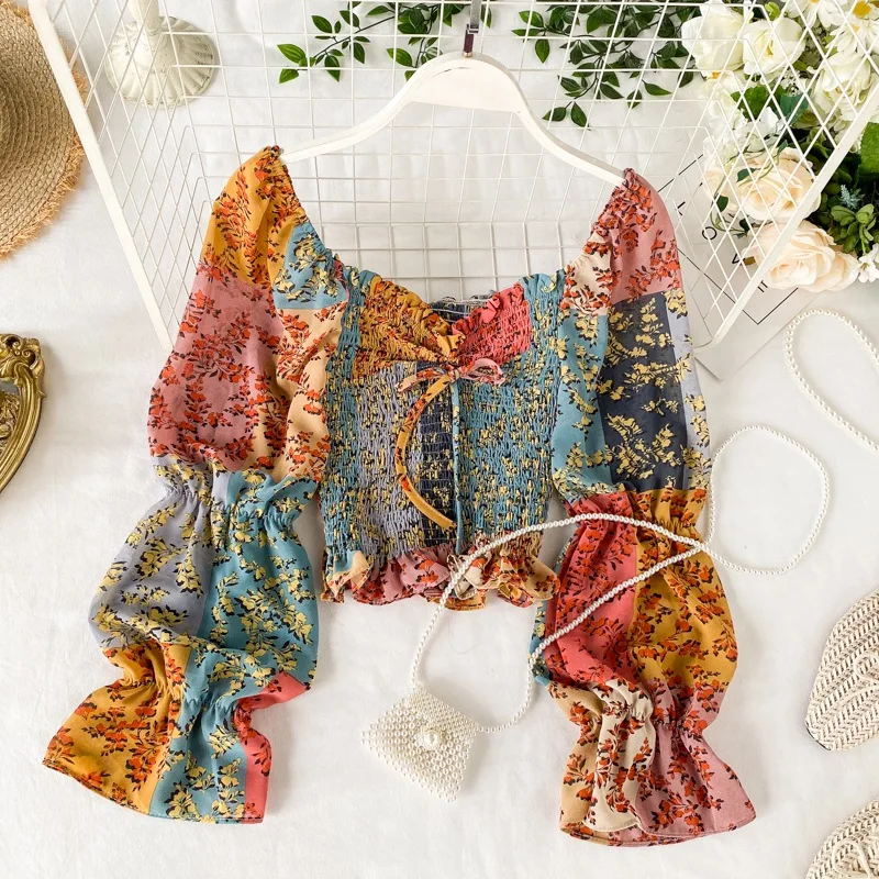 Фото Женские блузки пикантные корейские Цветочные Лоскутные цветные шифоновые с