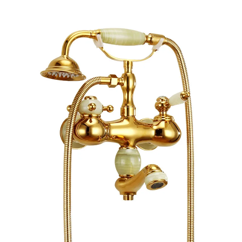 

Soild Brass & Jade Bathtub Shower Faucets Set Hot & Cold Bath Mixer Taps With Handheld Wall Mounted Dual Handle Gold Finished