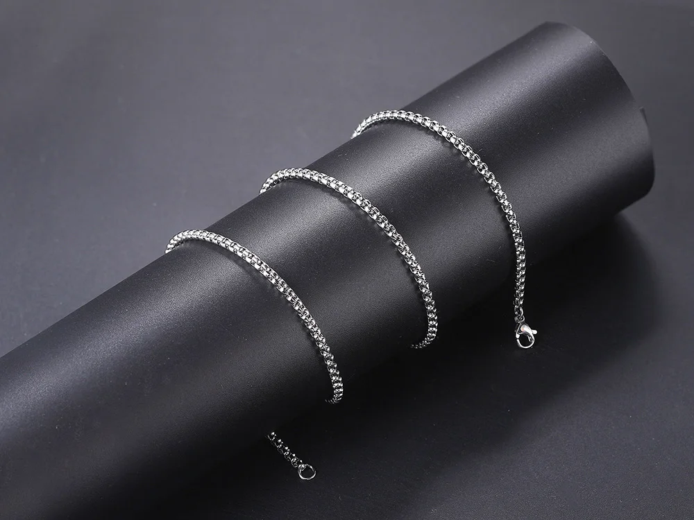 Hip Hop Necklaces For Men Women Gold Color Stainless Steel Necklace 3MM Square Pearl Chain Rapper Chain Personality Jewelry C021