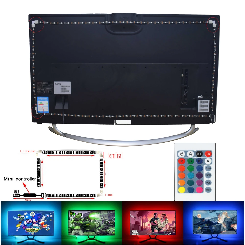 Светодиодная лента RGB 5050SMD 5V 1M/2M 16 изменение цвета с USB 24KEY ИК контроллер для ТВ