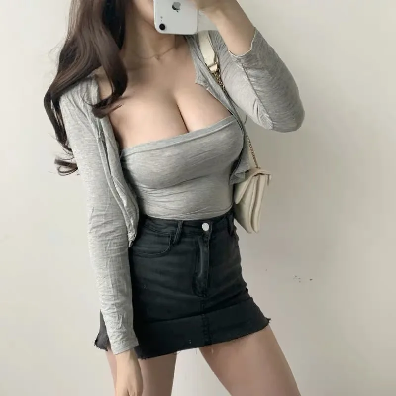 XIBANI Tight elastic sleeveless off shoulder vest sexy short single breasted cardigan top suit two piece Street Fashion Set