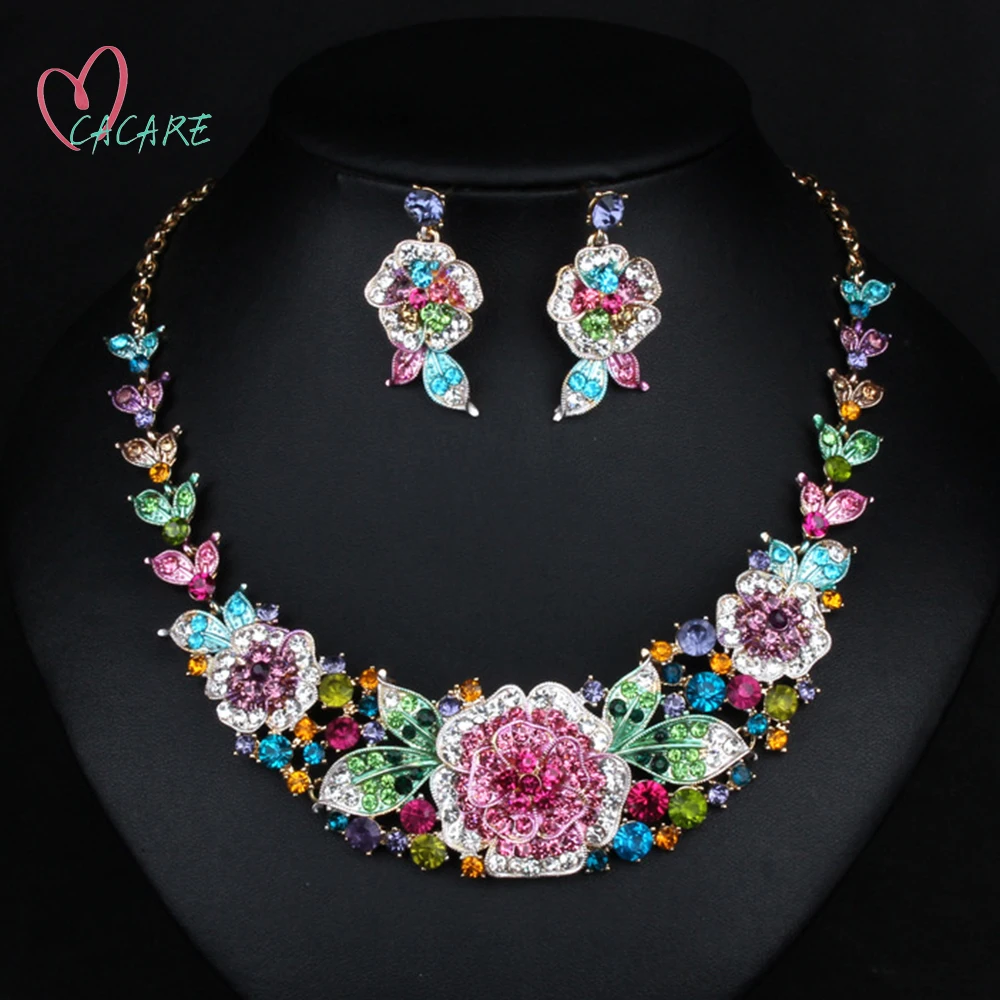 

Vintage Jewelry Sets Women Big Necklace Earring Set Indian Dubai Gold Jewellery F1227 Rhinestone Party Jewels 3 Colors CACARE