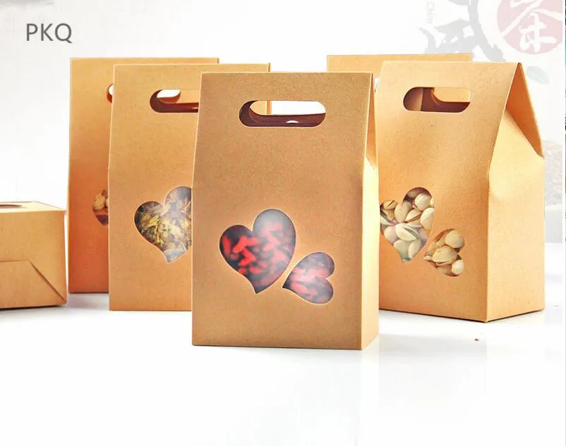 

5Pcs/Lot Standing Up Paper Box With PVC Heart Shape Window For Gift Present Packaging Box Handle Bag Kraft Paper Box Decorations