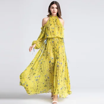 2020 Spring and Summer New A Line Pleated Draped Print Off-Shoulder Halter Ankle-Length Dress Women
2020 Spring and Summer New A Line Pleated Draped Print Off-Shoulder Halter Ankle-Length Dress Women