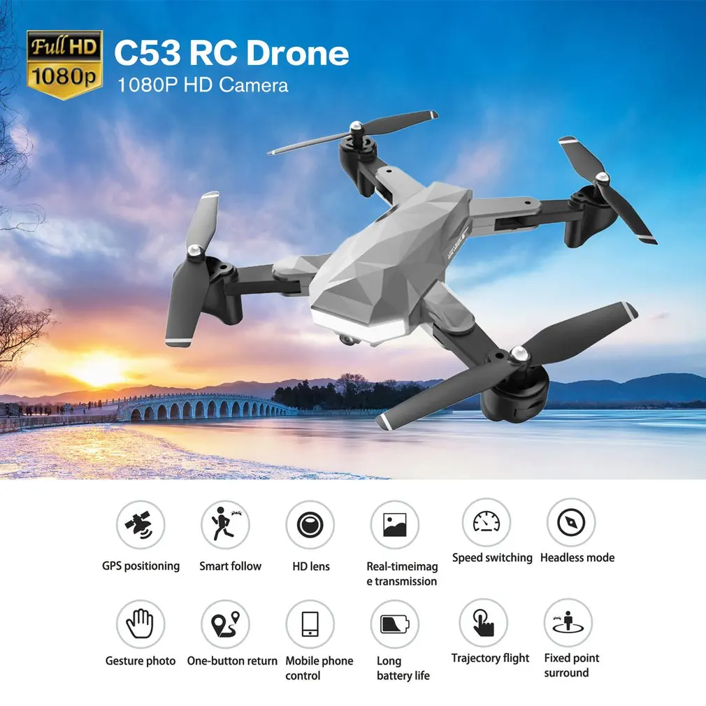 C53 GPS Foldable RC Drone With 1080P HD Camera 2.4G WIFI FPV RC Professional Helicopter Remote Control Toy
C53 GPS Foldable RC Drone With 1080P HD Camera 2.4G WIFI FPV RC Professional Helicopter Remote Control Toy