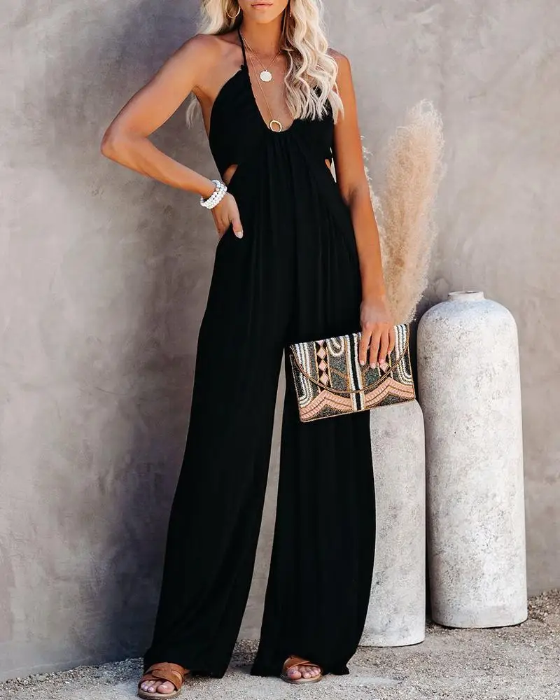 2020 Women Fashion Elegant Solid Halter Sleeveless Sexy Party Jumpsuits Female Summer Backless Halter Neck Jumpsuit 2020 Women Fashion Elegant Solid Halter Sleeveless Sexy Party Jumpsuits Female Summer Backless Halter Neck Jumpsuit
