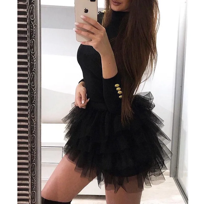 

Women Long Sleeve Mesh Insert Black Dress Sexy Solid Mesh Organza Spliced Mini Dress Winter 2019 O-neck Mini Dresses