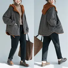 Mulheres Casaco de inverno Quente de Manga Longa Xadrez Engrossar Misturas Jaqueta Casual Plus Size De Veludo De Lã Splice Solto Com Capuz Outwear f1601(China)
